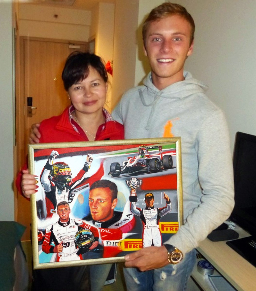 Ёще одну картину подарили в Сочи на гонках GP3))) Подарок Марвину от себя лично подарила Евгения Алексеева ))) Я бы лишь исполнителем заказа))), но всё равно очень приятно)). "Марвин Кирххёфер", 40х50, холст, масло, 10.09.2015