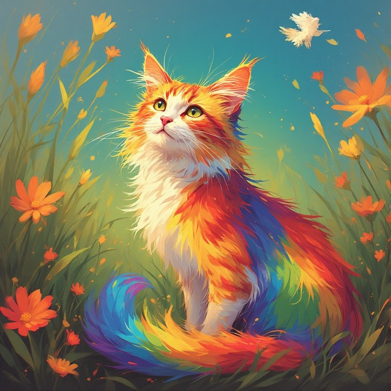 Creative drawing of a rainbow cat in a meadow – the cat’s colors and flying flowers create a spring atmosphere.
