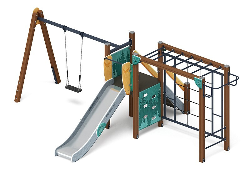Счастливое детство (Тайга) - ДИК 2.01.02-03 - Игровой комплекс H=1200                                                                                          Габариты (ШхДхВ): 4080x6340x2500                                                                                                                                                                      Зона безопасности, мм: 8110х7840                                                                                                                                                                     Скат горки: H=1200 (металлический скат)