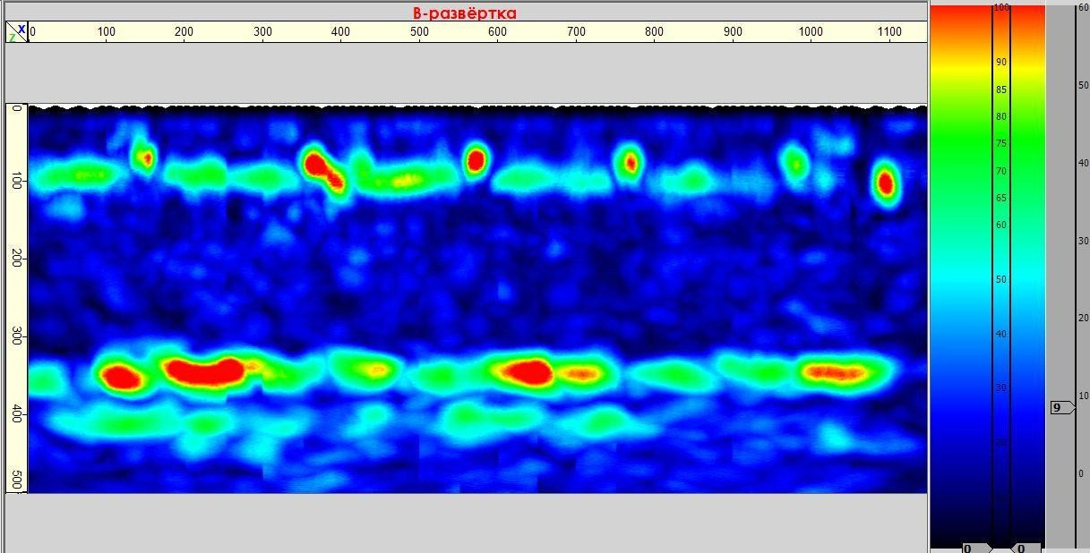 Определение параметров армирования фрагмента монолитной железобетонной плиты перекрытия ультразвуковым эхометодом (метод ультразвуковой эхо-томографии). B-томограмма (B-скан)