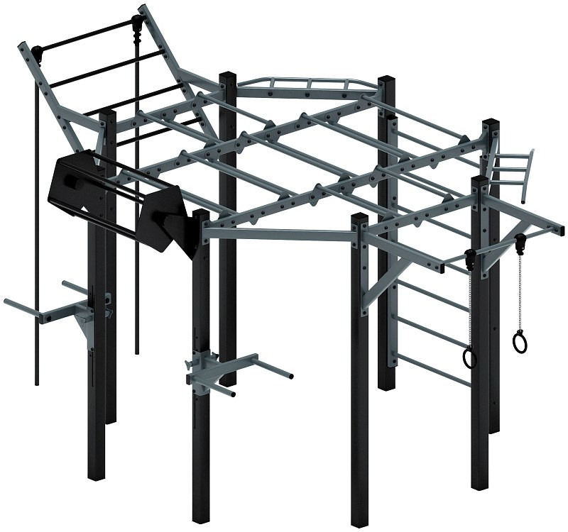 Многофункциональный спортивный комплекс (серый) МК 100.01-03 Габариты (ШхДхВ): 3680х4860х2780 Зона безопасности, мм: 6680х7860 Возрастные ограничения от 14 лет