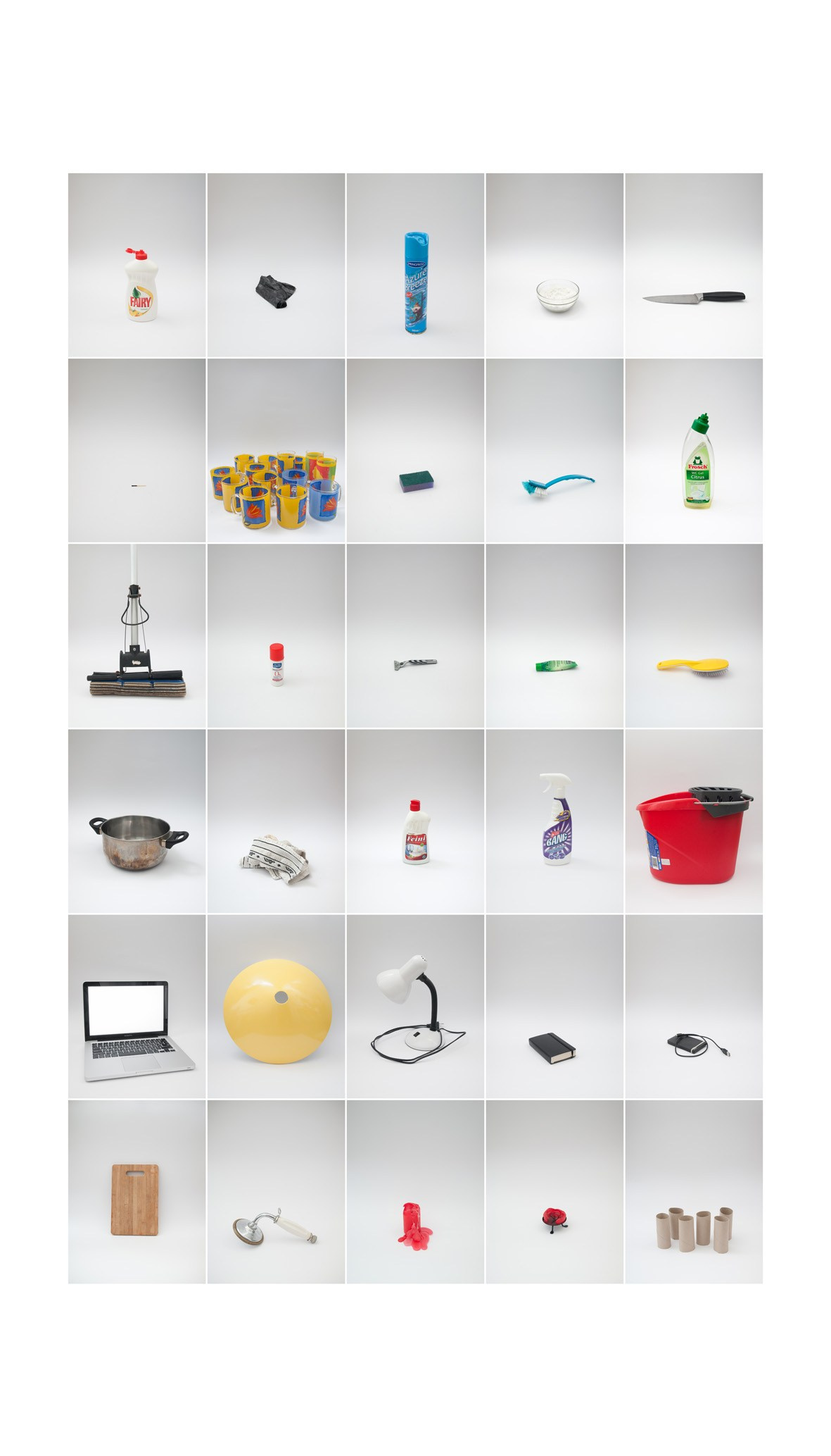 Items found in the apartment, 7 artist's own items, 1 item found in the street, a set of items produced during the course of the residence. Pigment print, 100x175 cm