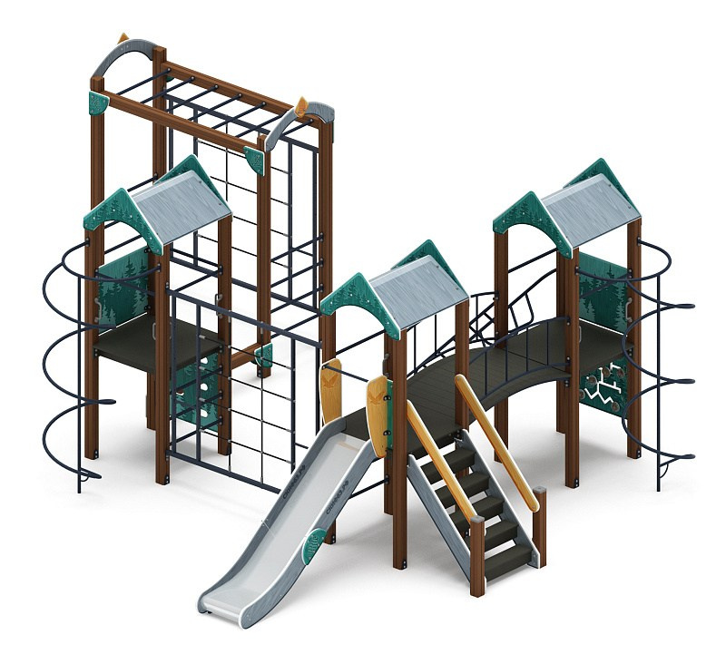 Городок (Тайга) - ДИК 2.01.3.04-03 - Игровой комплекс H=1200                                                                                                            Габариты (ШхДхВ): 5600x7100x3000                                                                                                                                                                     Зона безопасности, мм: 9100х10100                                                                                                                                                                                 Скат горки: H=1200 (металлический скат)