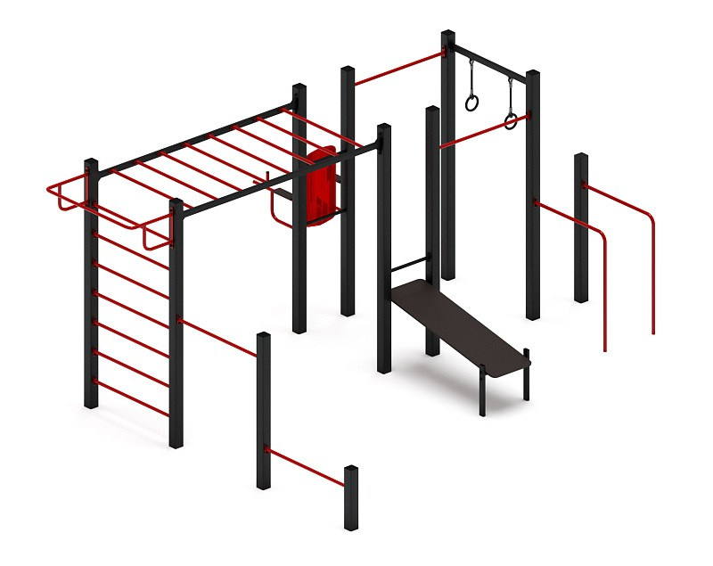 Многофункциональный спортивный комплекс (красный) МК 100.04-01 Габариты (ШхДхВ): 5600х4250х2500 Зона безопасности, мм: 8600х7250 Возрастные ограничения от 14 лет