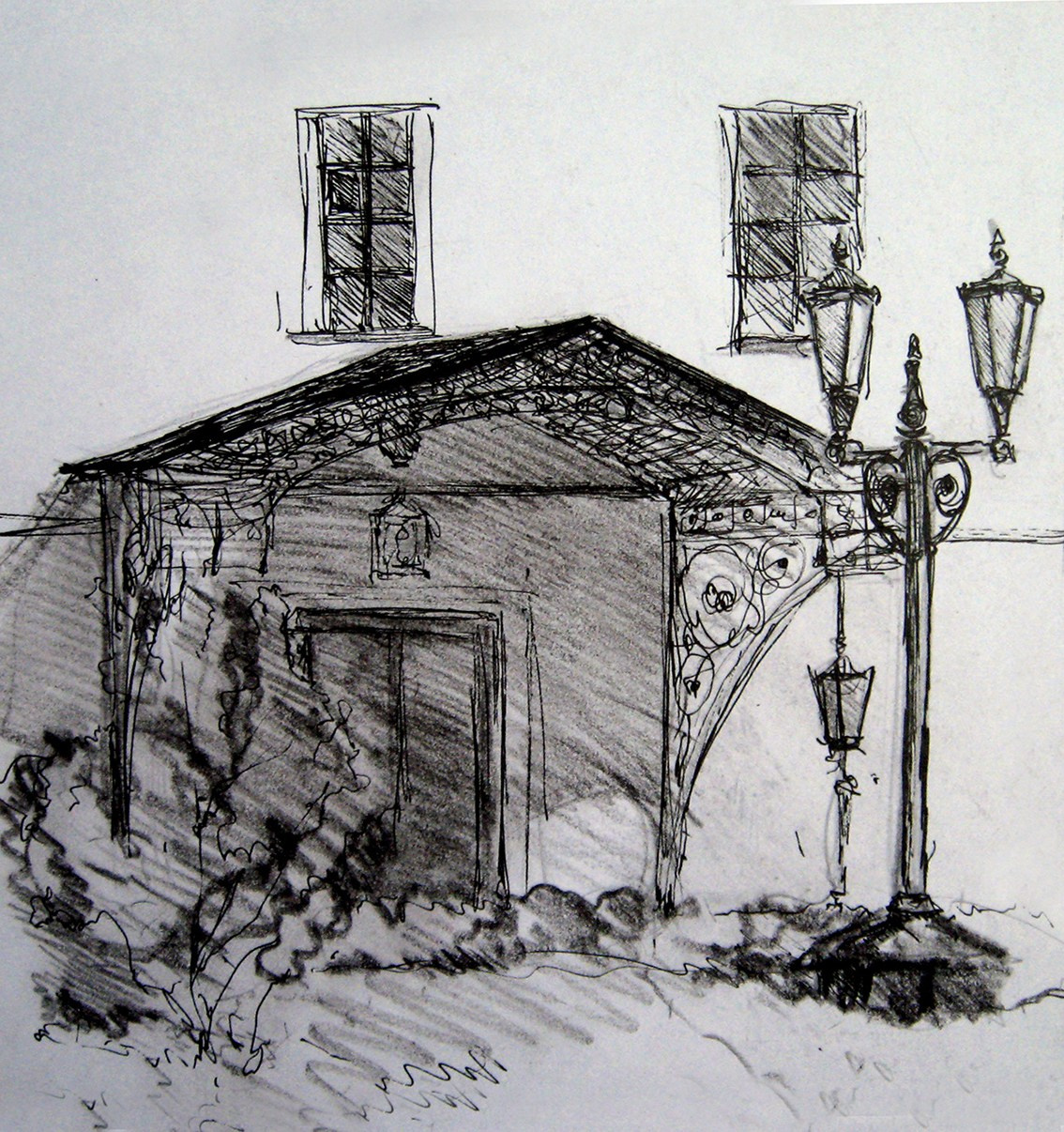 "Крыльцо Данилова монастыря", быстрая зарисовка, уголь / тушь, 2009