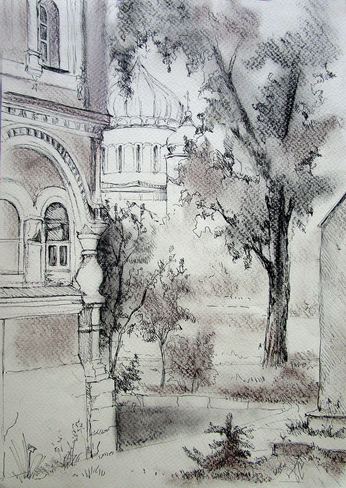 "Вид на Храм Христа Спасителя из-за палат Аверкия Кириллова", тушь/ пастель, 2020