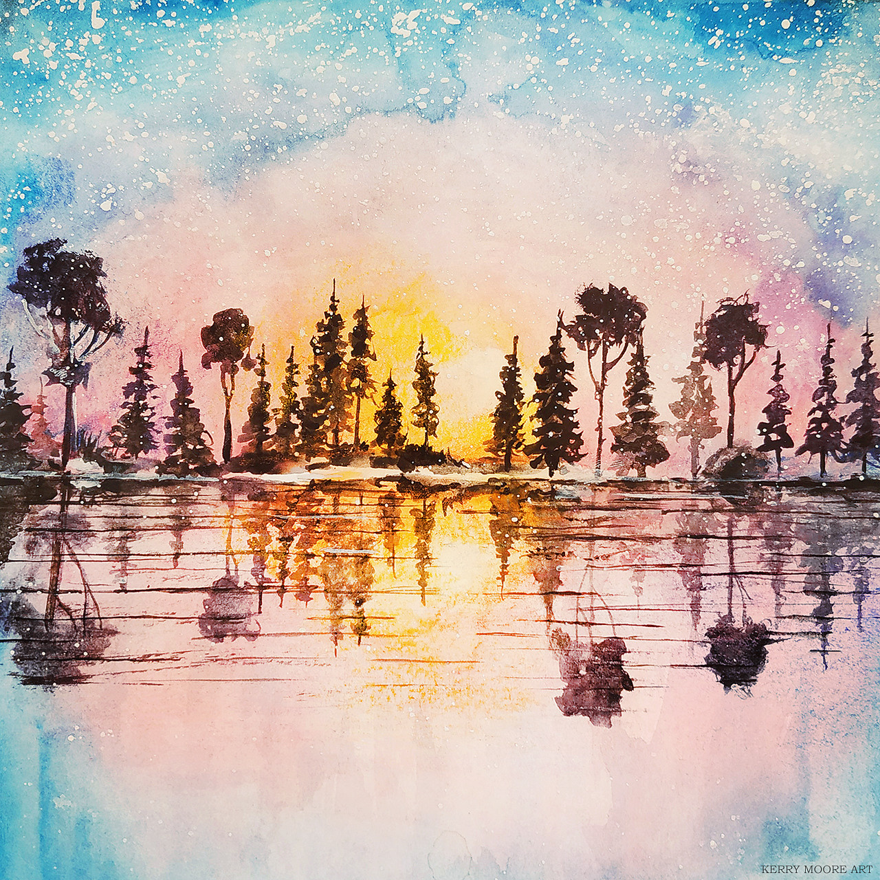 Акварель разноцветного заката над озером, силуэты деревьев на фоне неба, сочетающие синие, розовые и желтые оттенки. Отражения в воде.