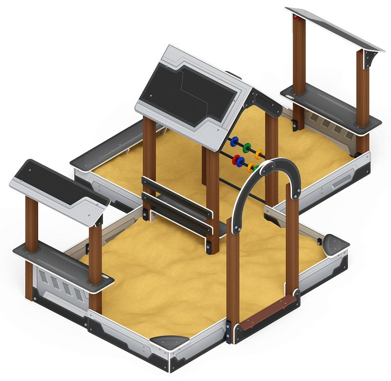 Песочный дворик двойной большой с навесом Домик (Техно) - ИО 6.01.03-04 Габариты (ШхДхВ): 3340x4530x2000 Зона безопасности, мм: 4340х5530