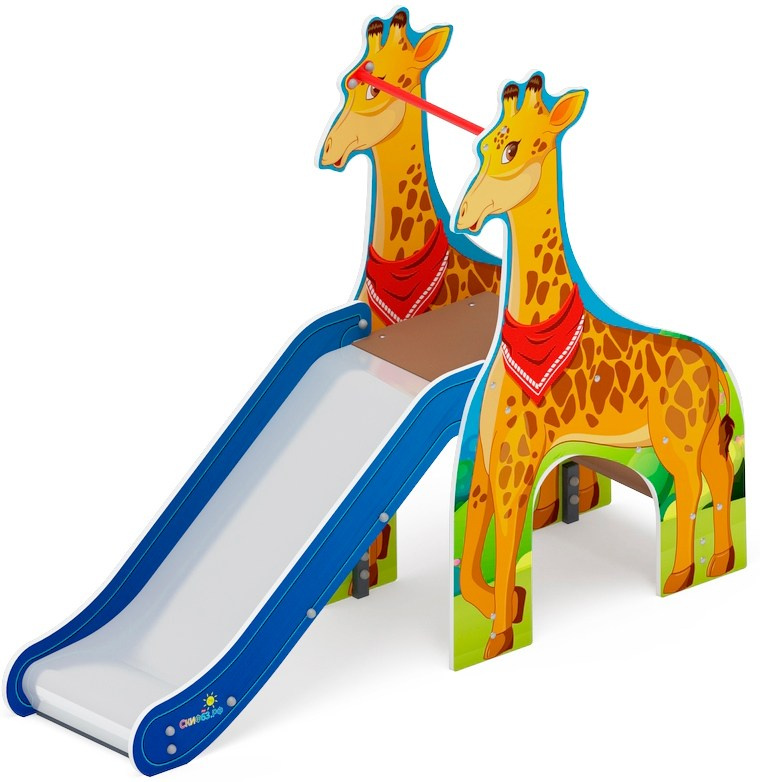 Горка Жираф - ИО 41.01.03-01 - (Сафари) H=750 Габариты (ШхДхВ): 2160x570x1670 Зона безопасности, мм: 5660х3570 Скат горки: H=750 (металлический скат) Возрастные ограничения от 3 до 12 лет, весом не более 70 кг