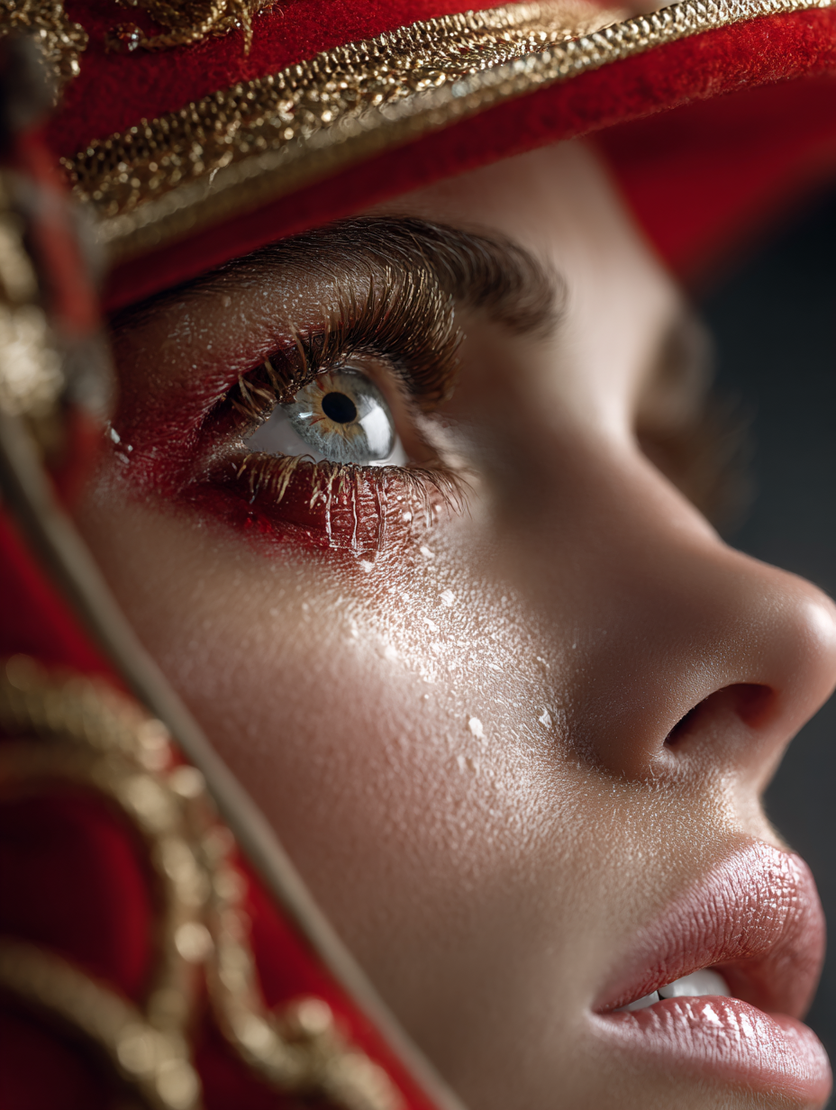 Женский портрет в цирковом стиле, красный костюм и глянцевый макияж