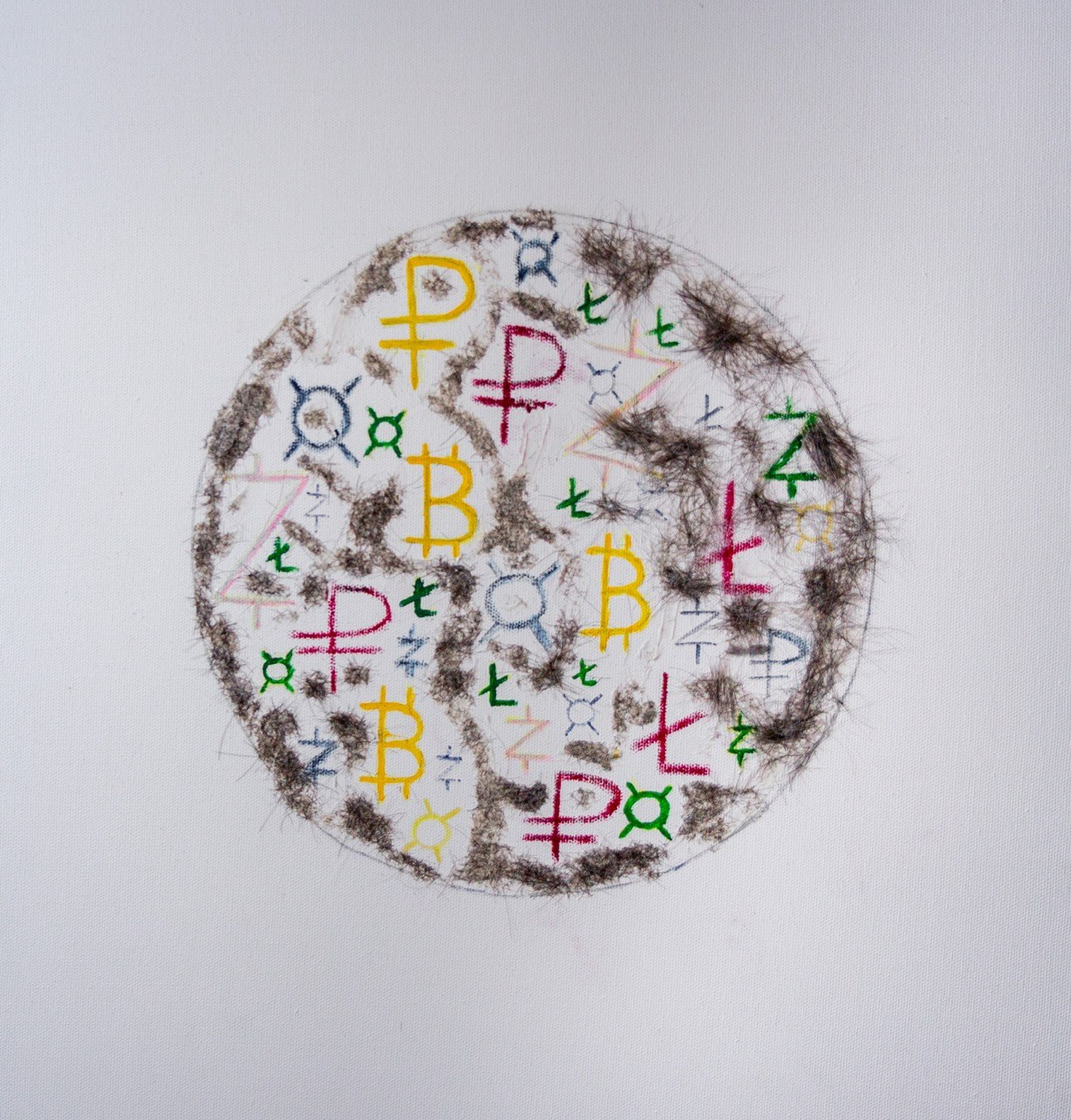 Объект, созданный на холсте, из волос художника, плюс нанесенные различные символы криптовалют и рубля. «КриптоЛуна»
