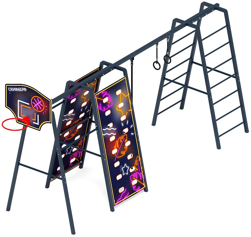 Спортивная серия СК 2.03.06 Габариты (ШхДхВ): 5950х1500х2800 Зона безопасности, мм: 8950х4500 Возрастные ограничения 5-12 лет