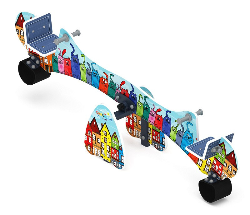 Качалка балансир со спинкой - ИО 21.Д.14.01-01.И1 - Космопорт (Коты)                                                                                                                                 Габариты (ШхДхВ): 2200x400x600                                                                                                                                                                        Зона безопасности, мм: 4200х2400                                                                                                                                                       Возрастные ограничения от 4 до 8 лет