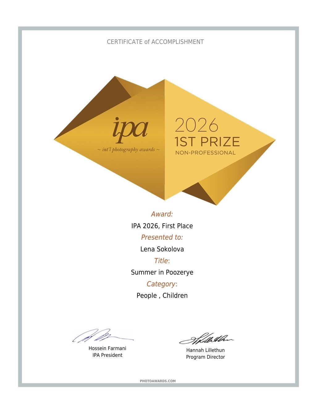 Первое место в престижном конкурсе IPA awards 2026 и два почетных упоминания жюри. Фотографии Лены Соколовой