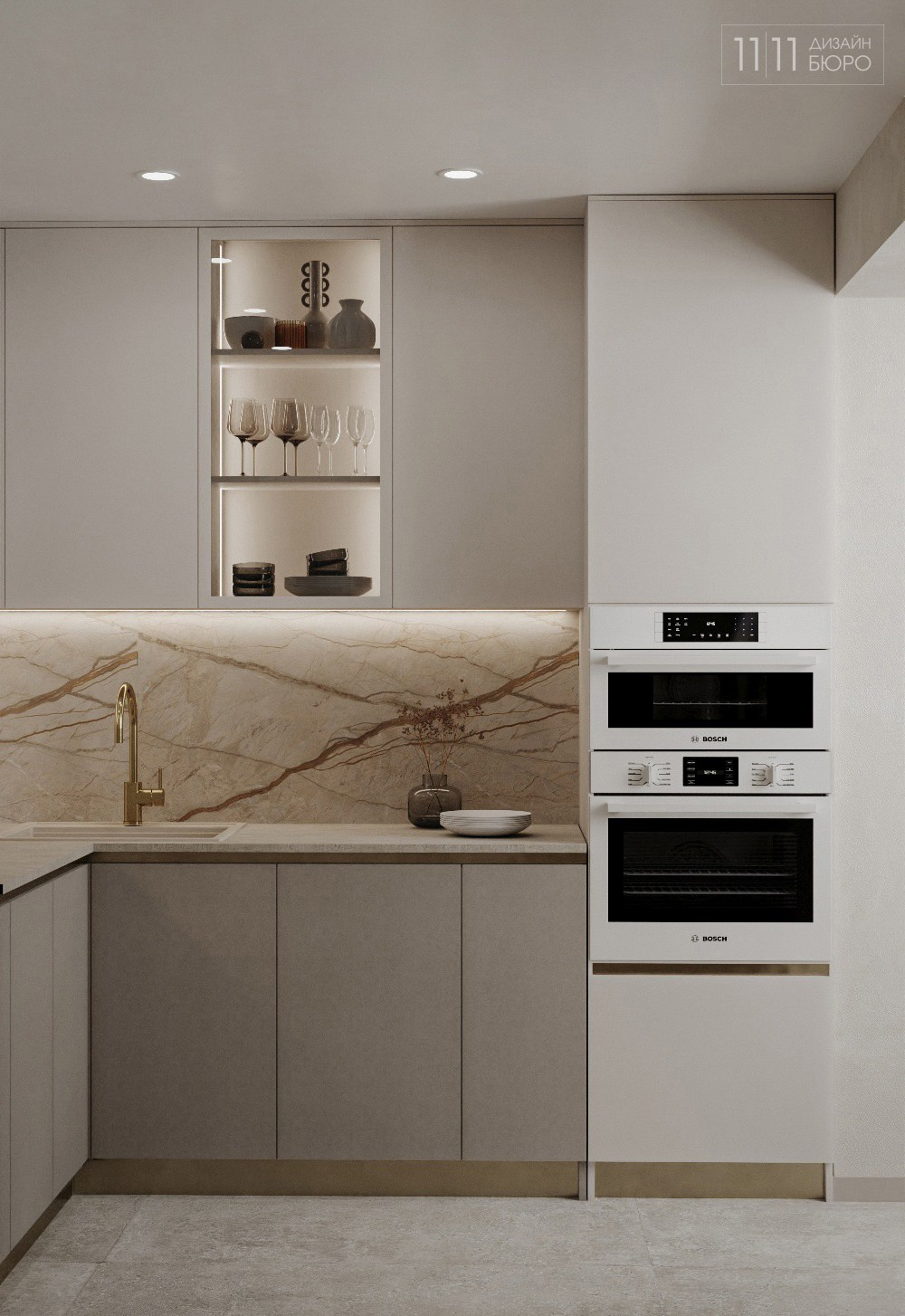 Светлая бежевая кухня с белой техникой