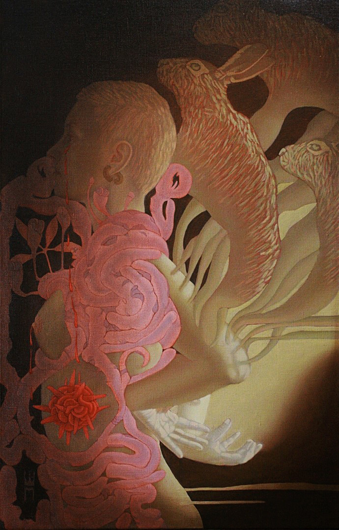 Зайцы или Плачущая икона 54х84 Х.М 2020г