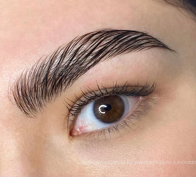 брови с умеренной густотой и аккуратными контурами, что придает им изысканный и структурированный вид. Брови москва