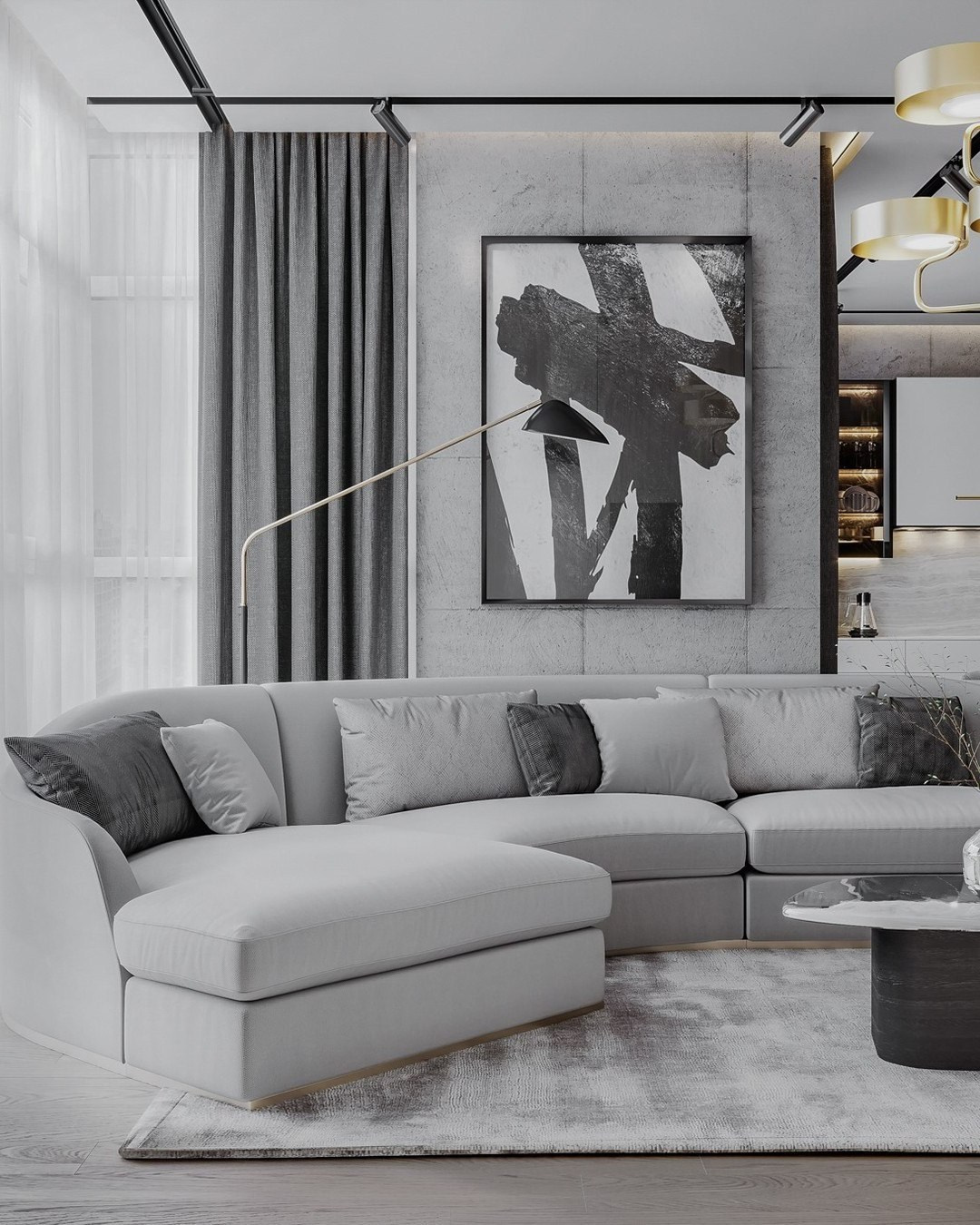 Просторная гостиная с угловым диваном и графичным декором на стене | Валерия Котович