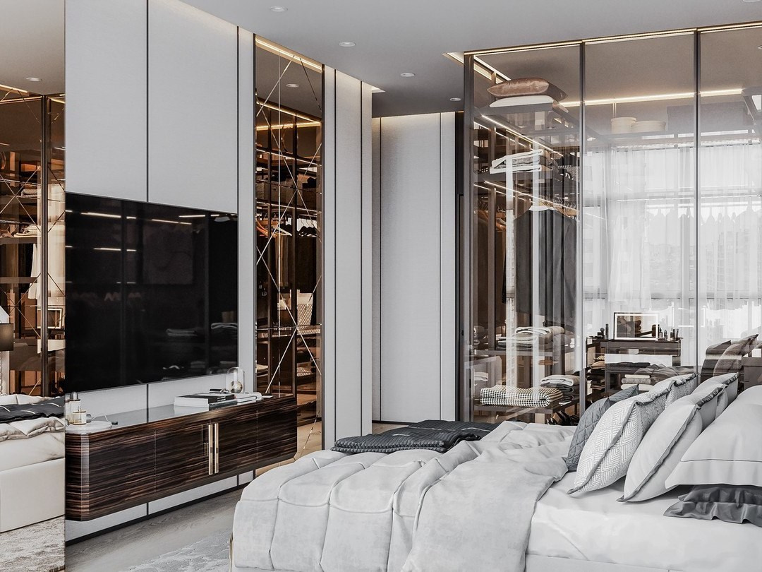 Спальня с ТВ-зоной, зеркальными панелями и стеклянной гардеробной | Валерия Котович