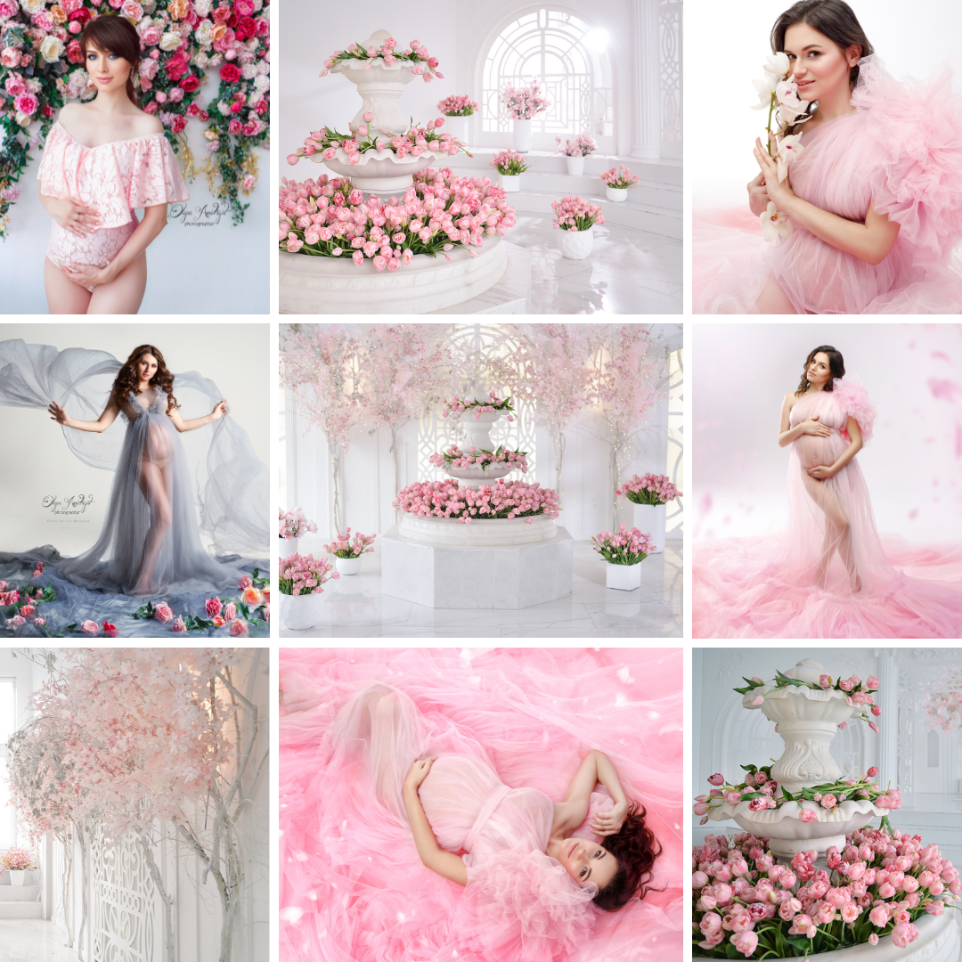 Фотосессия в студии с цветочным интерьером от фотографа Ольги Поторочиной