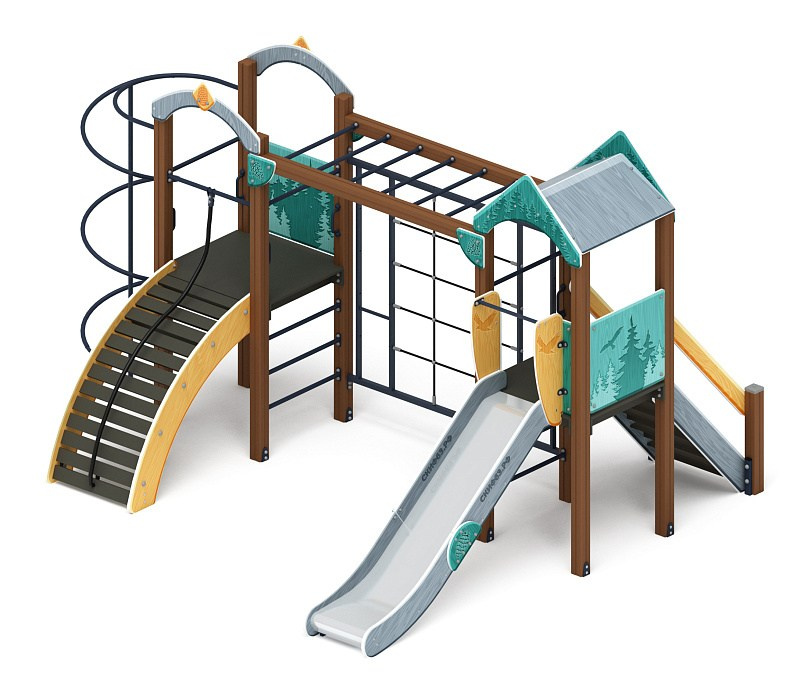 Рада (Тайга) - ДИК 2.01.2.07-03 - Игровой комплекс H=1200                                                                                                                    Габариты (ШхДхВ): 4080x5000x3000                                                                                                                                                                       Зона безопасности, мм: 5780х8000                                                                                                                                                                  Скат горки: H=1200 (металлический скат)