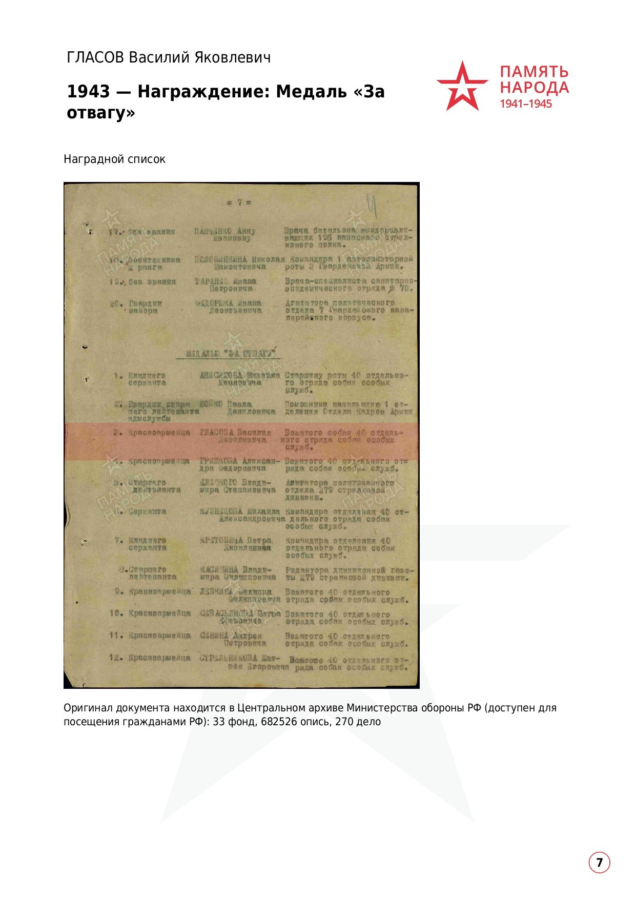 ГЛАСОВ Василий Яковлевич, 1922 г. р. ефрейтор; красноармеец,. НРОО КЦ "Собаковод"