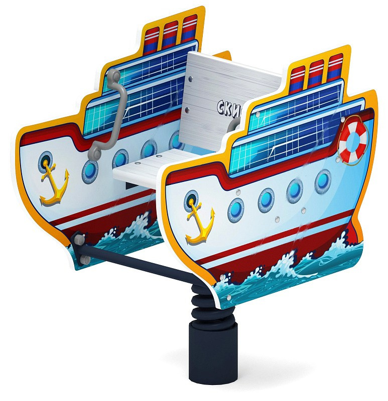 Пароходик - Качалка на пружине - ИО 22.17.01-01.И1 Габариты (ШхДхВ): 870х570х870 Зона безопасности, мм: 2860х2560 Возрастные ограничения весом не более 70 кг