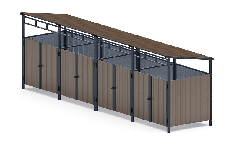 Навес контейнерной площадки для мусора (4 секции) МФ 55.02.02.4-02 Габариты (ШхДхВ): 1600х6700х2200 Зона безопасности, мм: 4600х9700