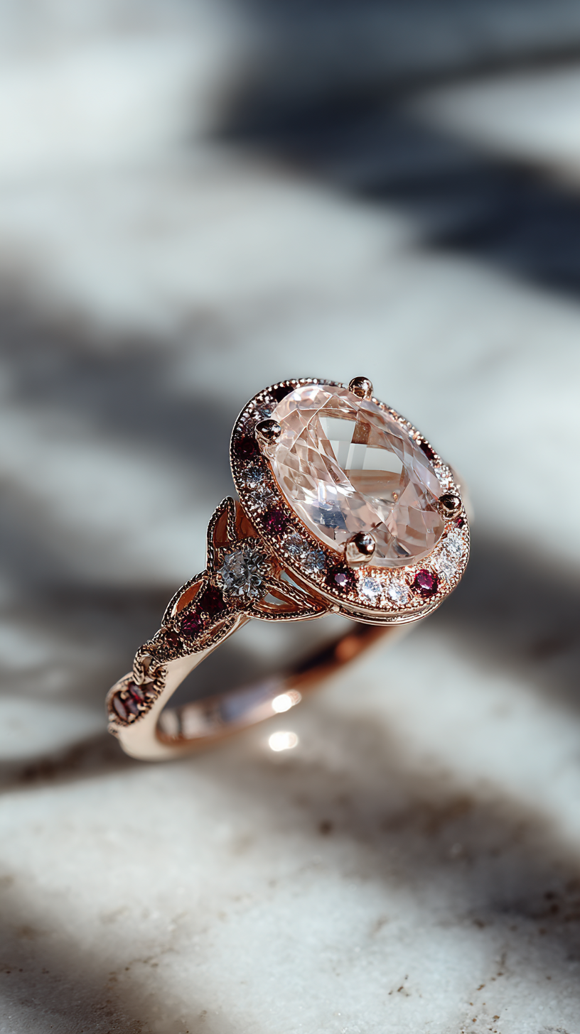 AI-предметная съёмка кольца с розовым камнем на светлом фоне, нейро-контент для ювелирного бренда, AI-визуал предметная фотография украшений