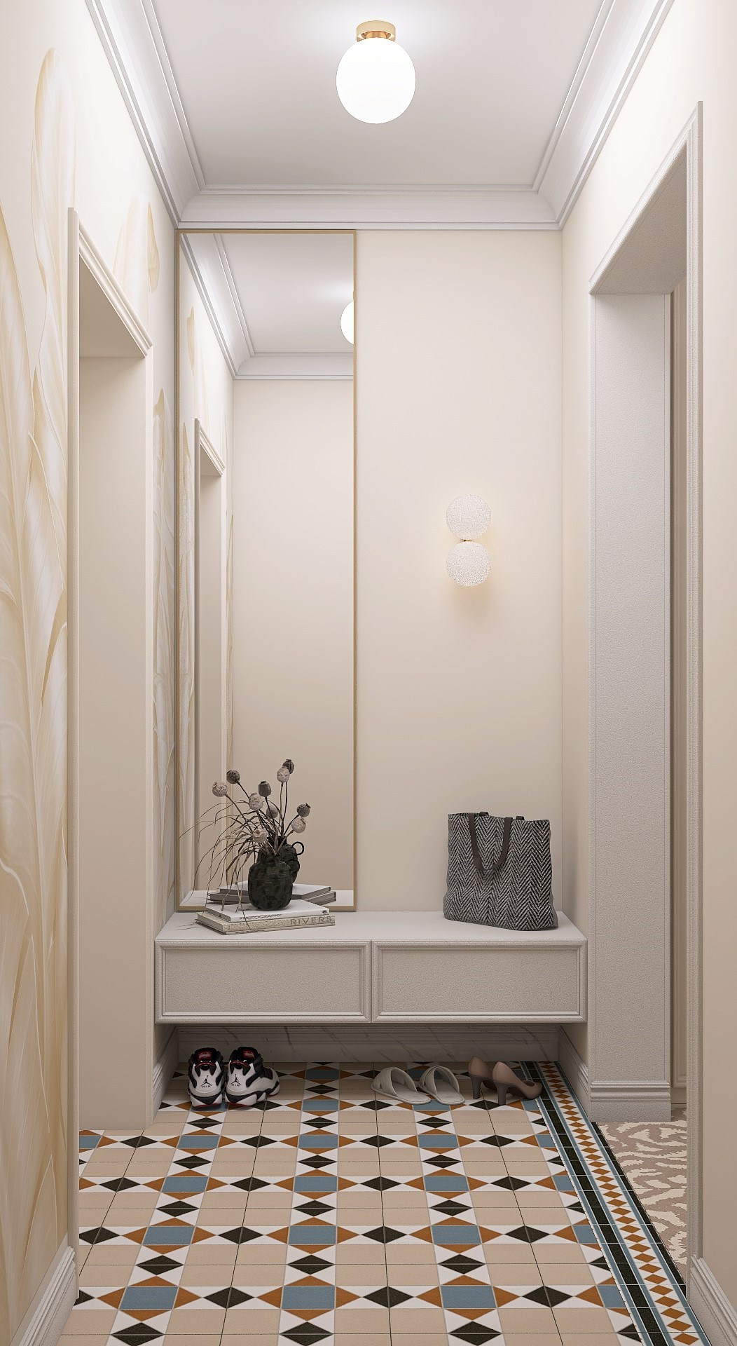 Консоль и зеркало в прихожей частного дома, неоклассика, декоративная плитка с геометрическим узором