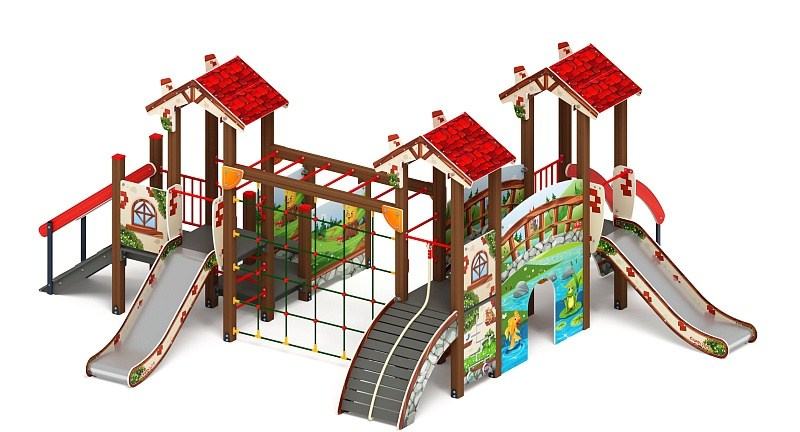 В гостях у сказки - ДИК 1.05.01-09.С - Игровой комплекс H=900                                                                                                                  Габариты (ШхДхВ):  5560x6870x2790                                                                                                                                                                        Зона безопасности, мм: 9060х10370                                                                                                                                                                       Скат горки: H=900 (металлический скат)