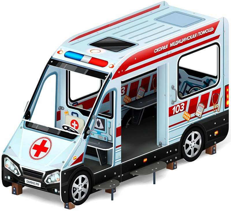 Беседка Автобус (Скорая помощь) МФ 10.03.13-04 Габариты (ШхДхВ): 3300x1400x1800 Зона безопасности, мм: 5300х3400