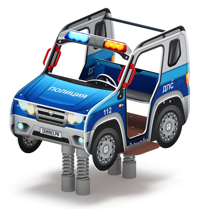 Джип ДПС - Качалка на пружине двухместная машинка - ИО 23.03.05-11 Габариты (ШхДхВ): 1600x1220x1490 Зона безопасности, мм: 3600х3220 Возрастные ограничения весом не более 70 кг