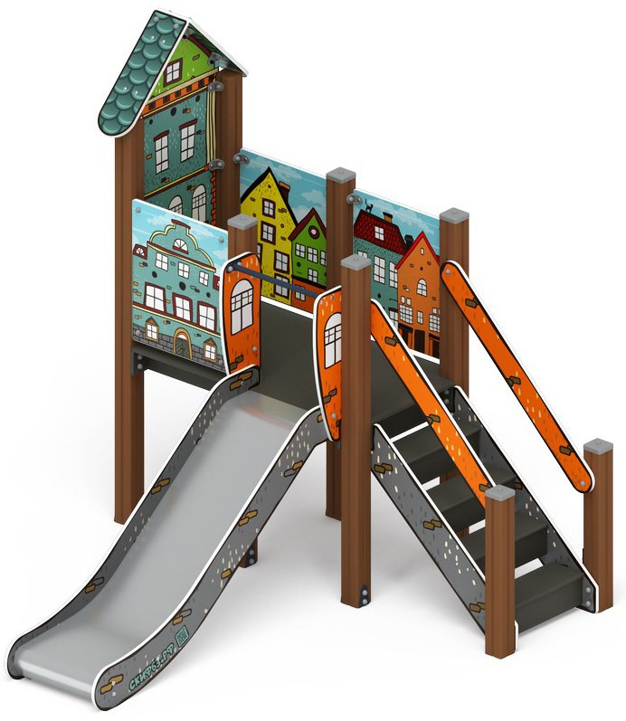 Горка с домиком - ИО 41.01.05-01 - (Город) H=900 Габариты (ШхДхВ): 2400x2500x2400 Зона безопасности, мм: 5400х6000 Скат горки: H=900 (металлический скат) Возрастные ограничения от 3 до 10 лет