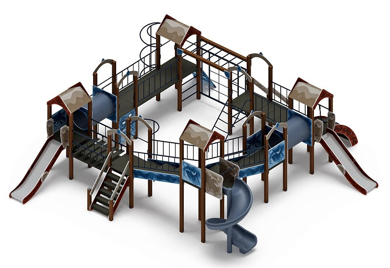 Остров детства (Алтай) - ДИК 2.01.8.02-24.И1 - Игровой комплекс H=1200 H=2000                                                                                              Габариты (ШхДхВ): 9600x9770x4000                                                                                                                                                                   Зона безопасности, мм: 13100х13270                                                                                                                                                                     Скат горки: H=1200 (металлический скат) / H=2000 (винтовой скат)
