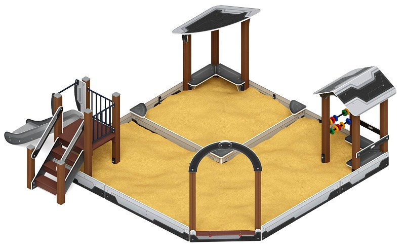 Песочный дворик с горкой (Техно) - ИО 6.01.05-04 H=750 Габариты (ШхДхВ): 5260x4800x2080 Зона безопасности, мм: 7760х6800