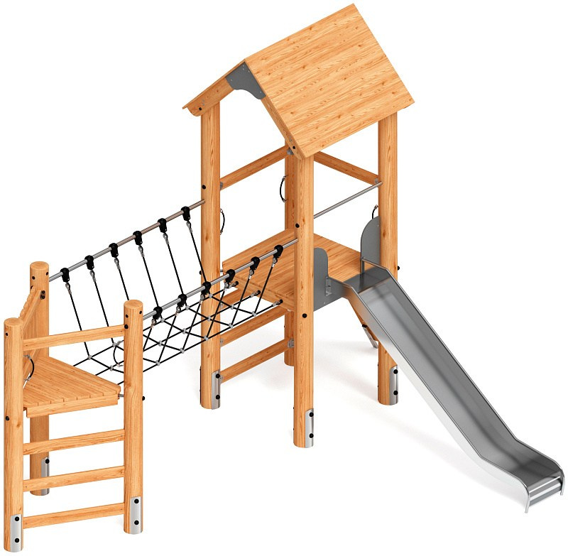 Игровой комплекс (лиственница) ДИК 2.24.05-Л.01.И1 Габариты (ШхДхВ): 3830х5360х3900 Зона безопасности, мм: 7330х8360 Высота падения 1400 мм. Возрастные ограничения от 5 до 12 лет.