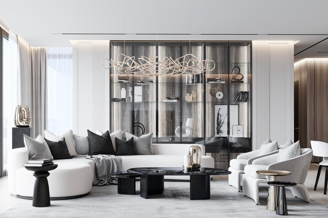 Светлая гостиная с дизайнерской люстрой и стеклянными витринами — дизайн Валерии Котович