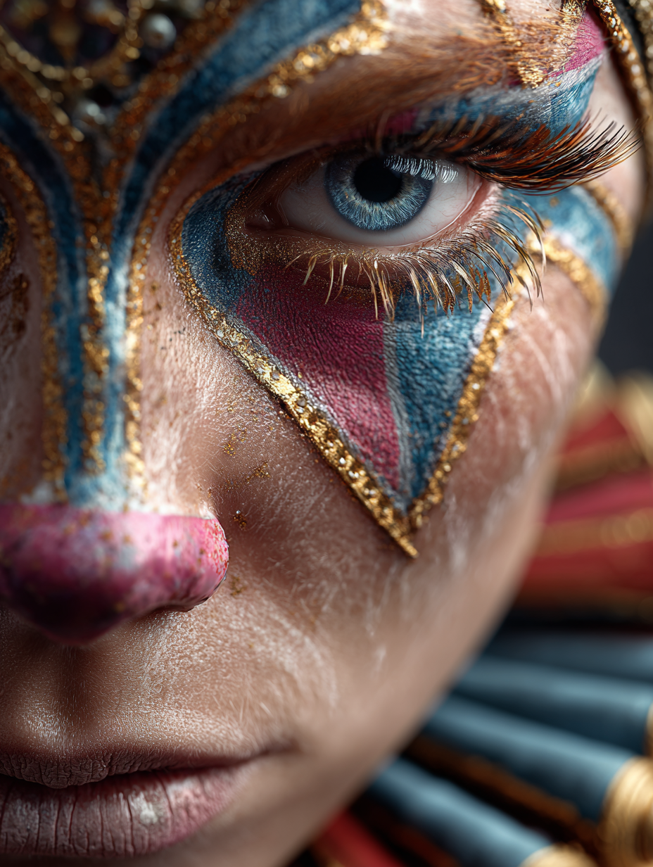 AI fashion портрет в цирковой эстетике, драматичный свет и золотой грим