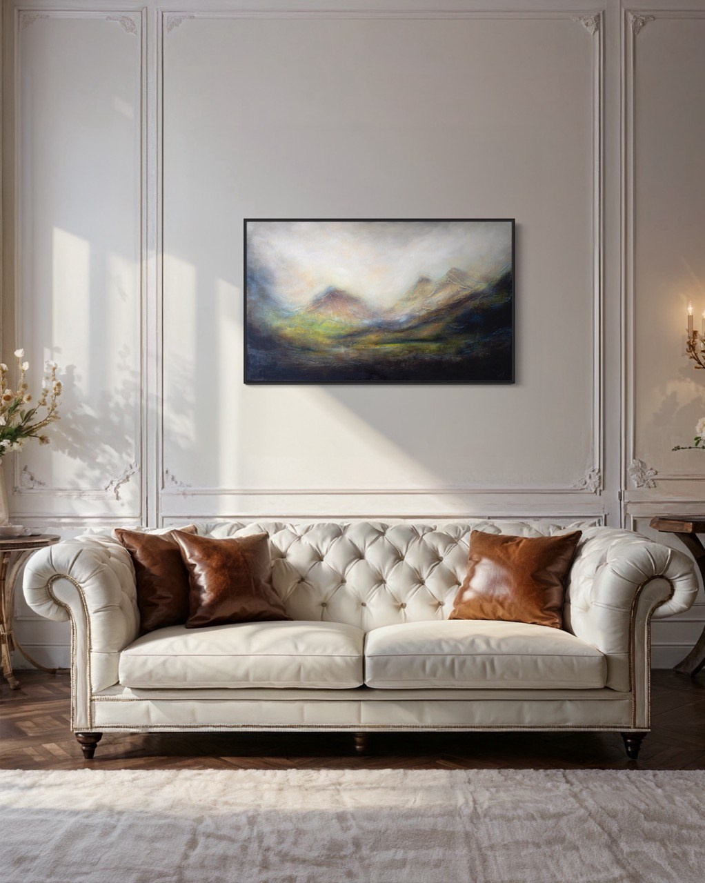 Oil painting depicting the Scottish highlands with misty foreground. Pavel Korshun — Contemporary painter. Original abstract painting