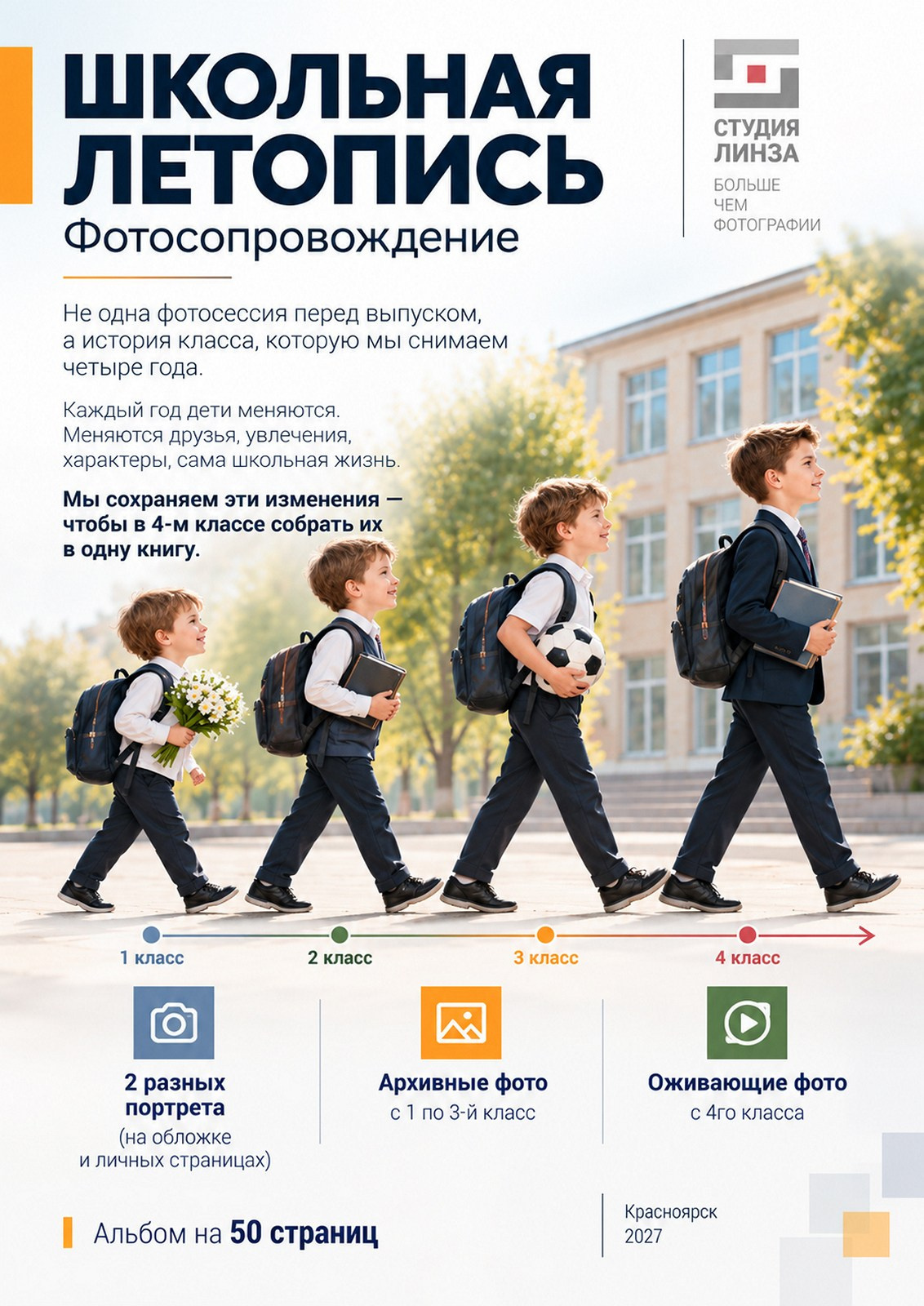 Летопись начальной школы: 50-60 стр. (ИИ‑иллюстрации). Живой выпускной альбом в Красноярске