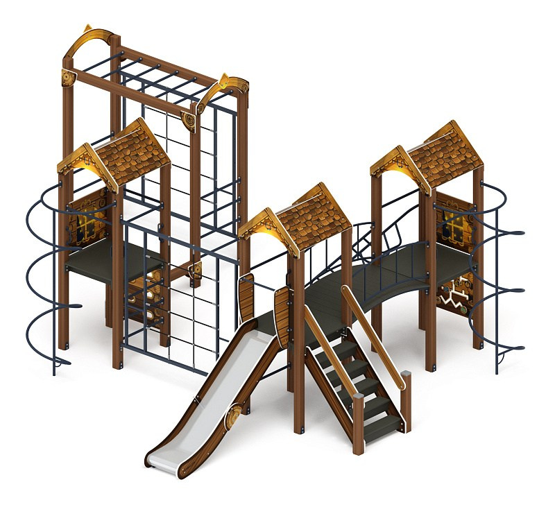 Городок (ЭКО) - ДИК 2.01.3.04-02 - Игровой комплекс H=1200                                                                                                            Габариты (ШхДхВ): 5600x7100x3000                                                                                                                                                                     Зона безопасности, мм: 9100х10100                                                                                                                                                                                 Скат горки: H=1200 (металлический скат)