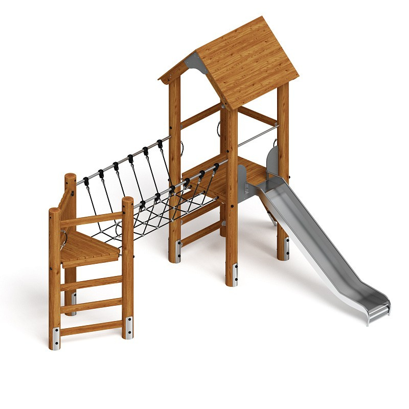 Игровой комплекс (лиственница темный) ДИК 2.24.05-Л.01.И1.01 Габариты (ШхДхВ): 3830х5360х3900 Зона безопасности, мм: 7330х8360 Высота падения 1400 мм. Возрастные ограничения от 5 до 12 лет.
