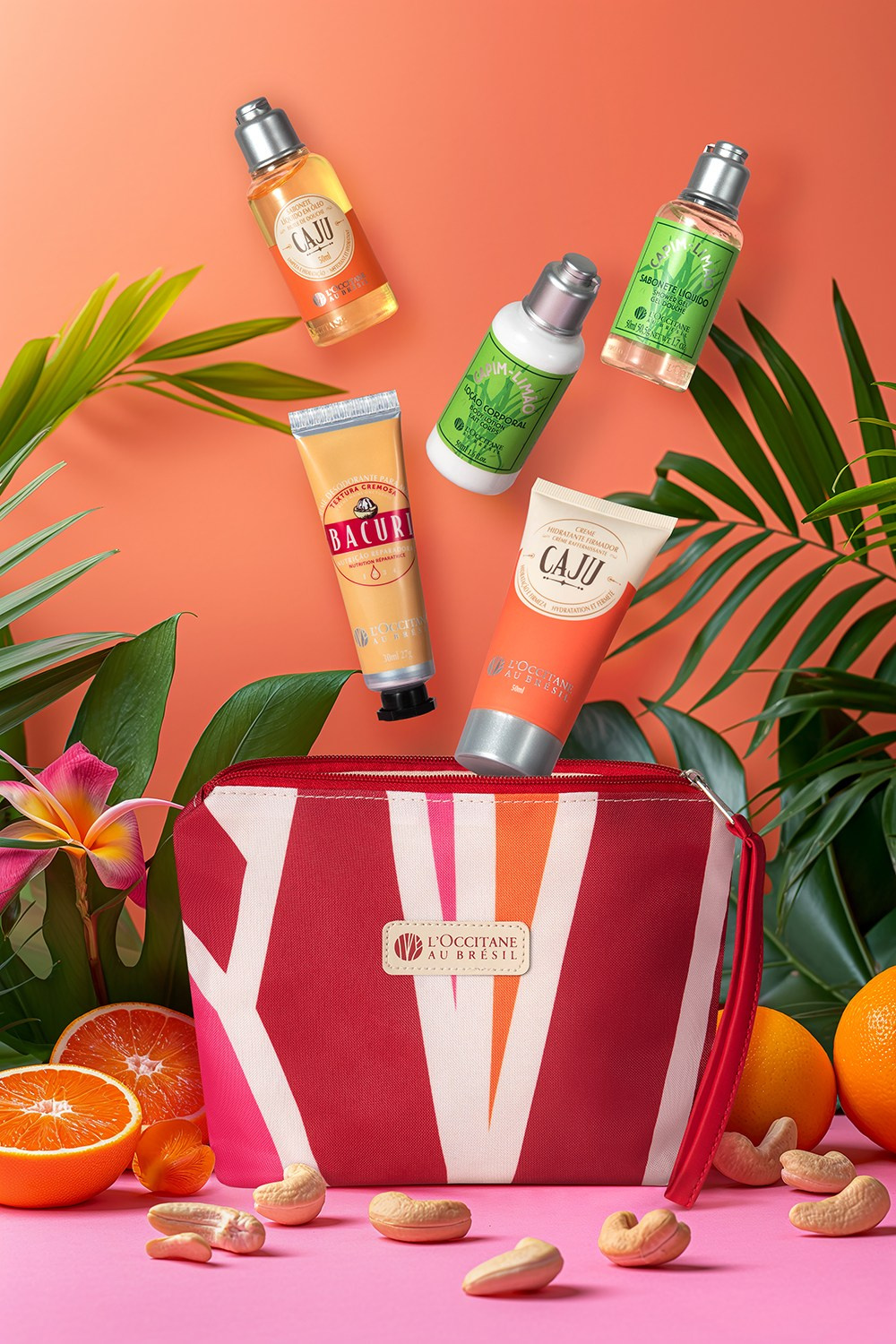 Рекламная предметная съемка косметика Loccitane - левитация на цветочном фоне