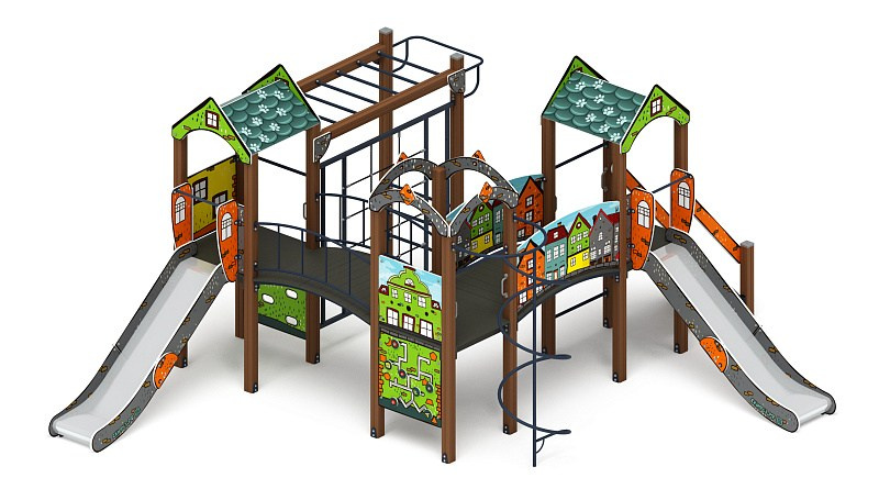 Городок (Город) - ДИК 2.01.3.01-01 - Игровой комплекс H=1200                                                                                                             Габариты (ШхДхВ): 6570x5600x3000                                                                                                                                                                      Зона безопасности, мм: 10700х9100                                                                                                                                                                                 Скат горки: H=1200 (металлический скат)