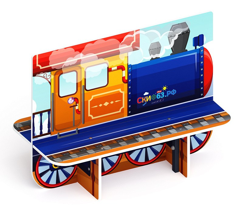 Паровозик - Скамейка детская - МФ 41.03.06 Габариты (ШхДхВ): 1180x620x900 мм Зона безопасности, мм: 2180х1620 Возрастные ограничения от 3 лет 