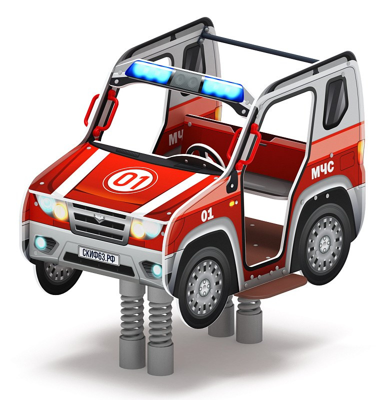 Джип МЧС - Качалка на пружине двухместная машинка - ИО 23.03.05-12 Габариты (ШхДхВ): 1600x1220x1490 Зона безопасности, мм: 3600х3220 Возрастные ограничения весом не более 70 кг