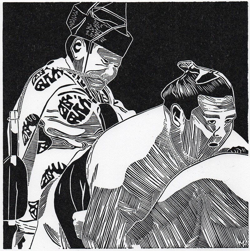 Серия линогравюр Grand Sumo Highlights  по мотивам турниров сумо. Авторская линогравюра, ручная печать на бумаге Ватман Гознак. 大相撲