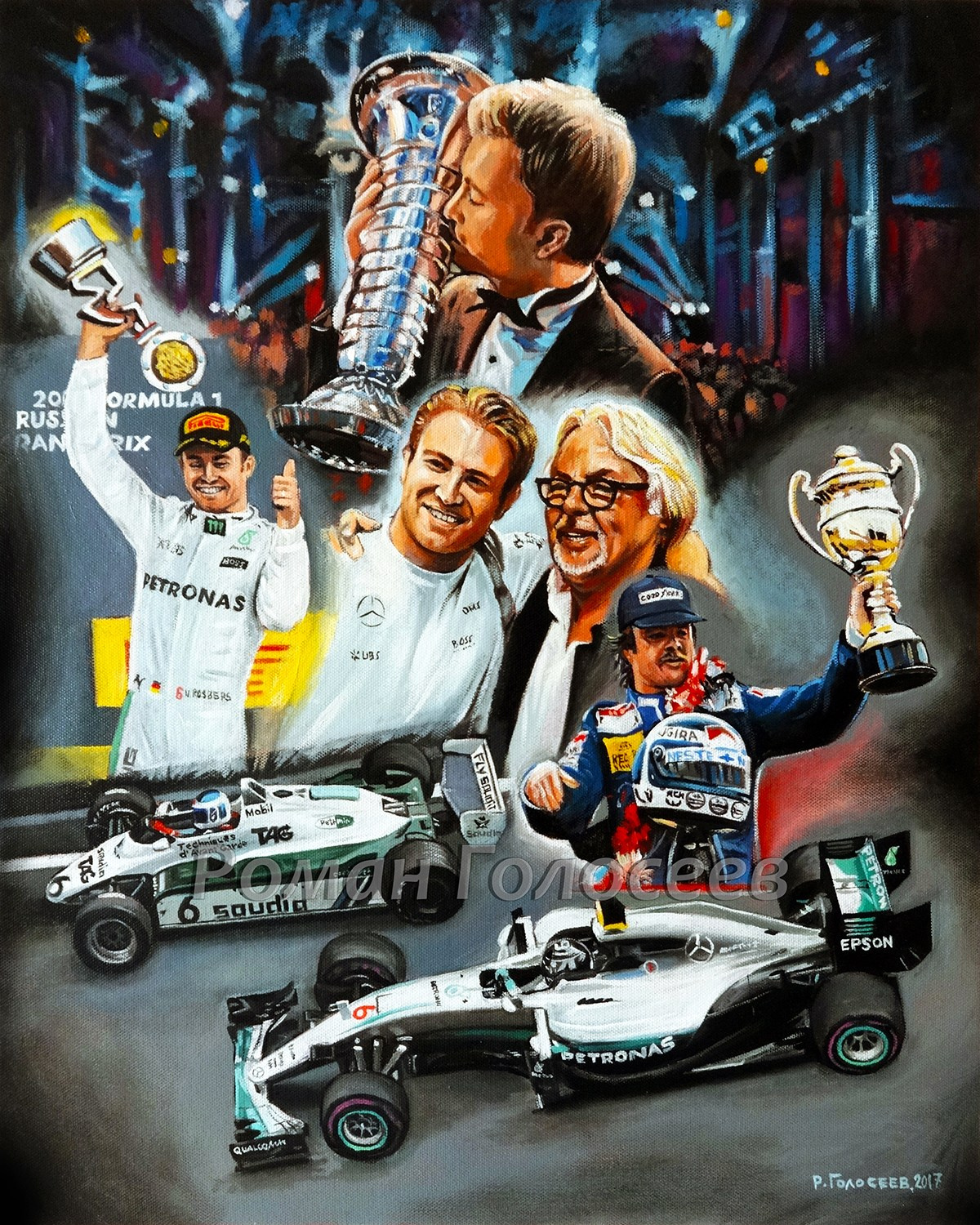 "История Формула-1, Сын и отец чемпионы, Кеке и Нико Росберг", 50х40, холст, масло, 22.03.2017