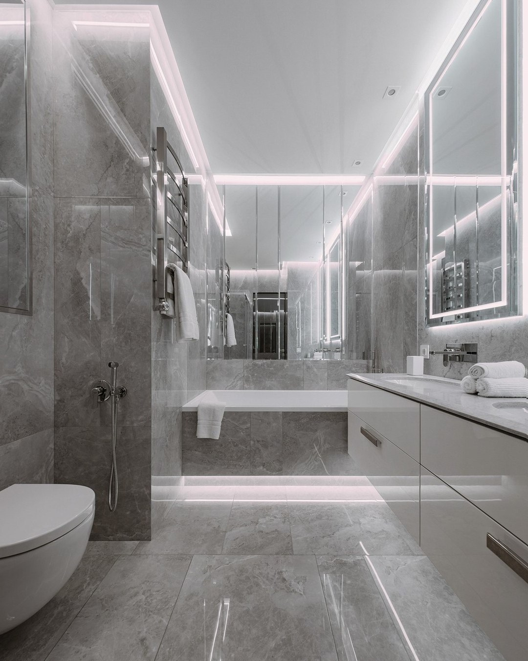 Ванная комната в сером мраморе с подсветкой по периметру | Валерия Котович